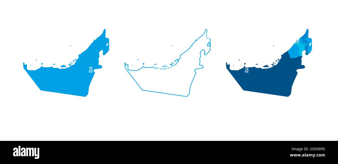 Emirati Arabi Uniti serie di tre mappe - mappa solida, mappa di contorno e mappa che evidenziano le divisioni amministrative. Tre mappe distinte illustrano varie rappresentazioni di un'area geografica. Illustrazione Vettoriale