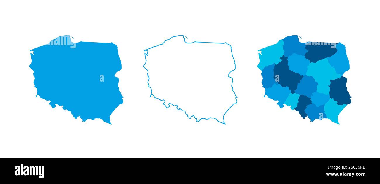 Polonia Set di tre mappe: Mappa solida, mappa di contorno e mappa che evidenziano le divisioni amministrative. Tre mappe distinte illustrano varie rappresentazioni di un'area geografica. Illustrazione Vettoriale