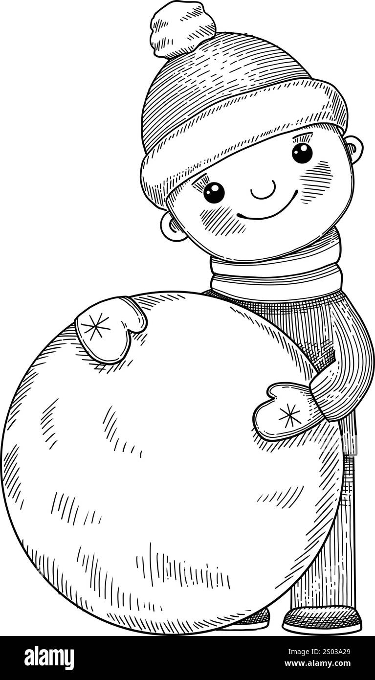Bambino di Natale con palla di neve. Illustrazione vettoriale disegnata a mano. Icona di Natale. agnello inciso natalizio, vischio, corona, calze, calze, regalo, abete, spilla Illustrazione Vettoriale