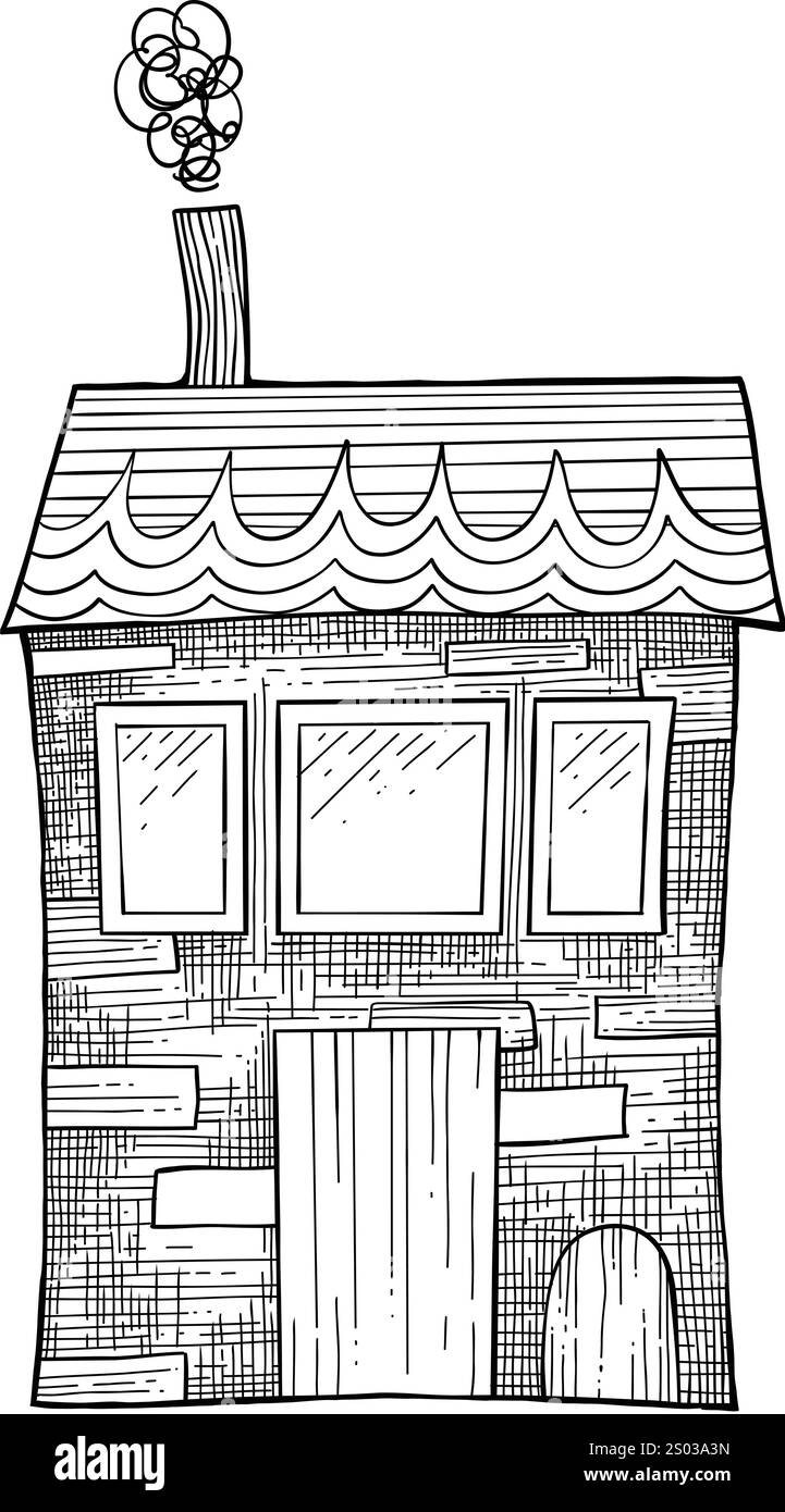 Oggetto decorato Christmashouse . Illustrazione vettoriale disegnata a mano. Icona di Natale. agnello inciso natalizio, vischio, corona, calze, calze, regalo, abete Illustrazione Vettoriale