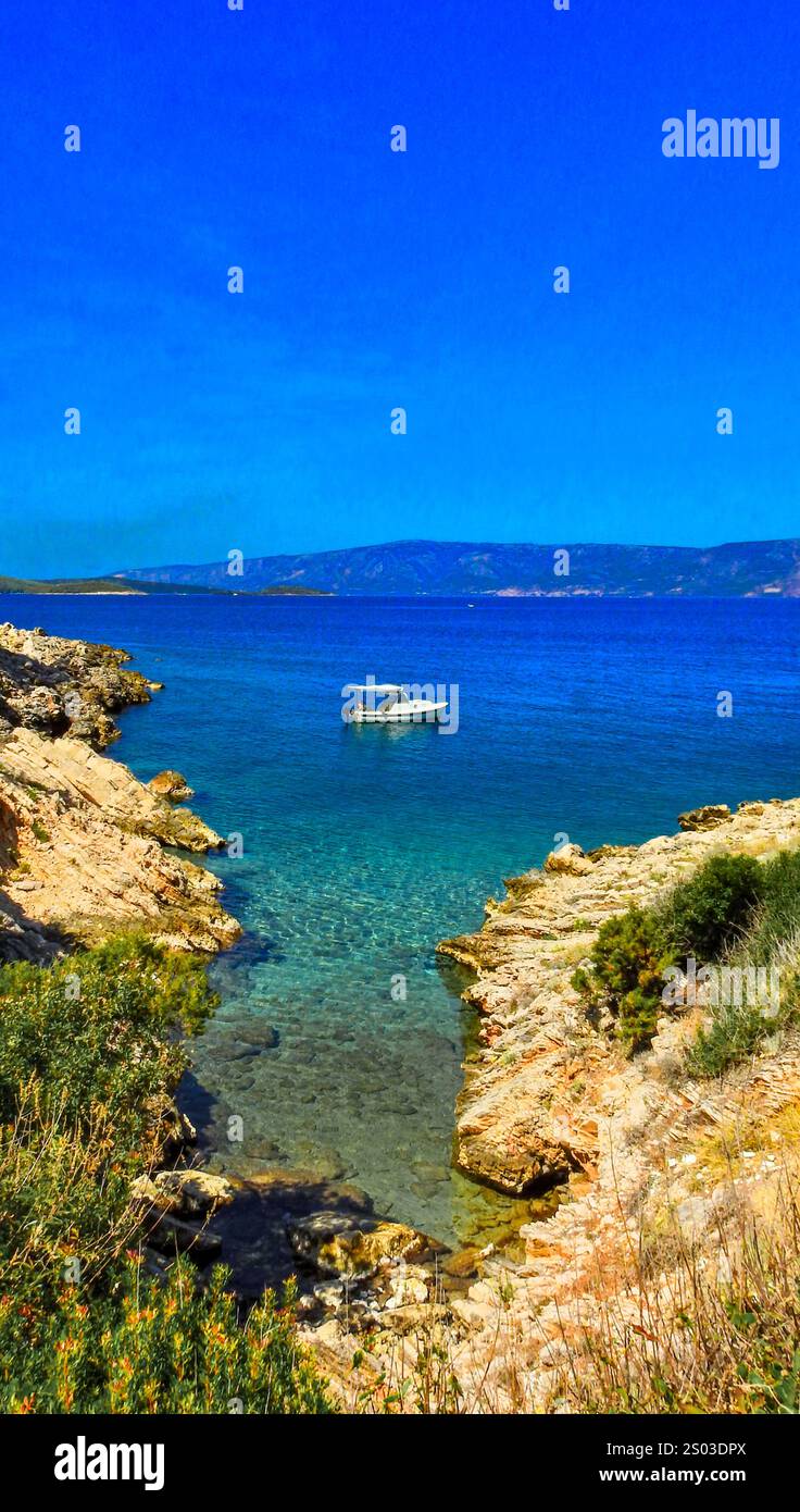 Un viaggio in bicicletta intorno all'isola di Hvar, panorama, spiagge selvagge vicino a Jelsa, un luogo ideale per una pausa vacanza Foto Stock