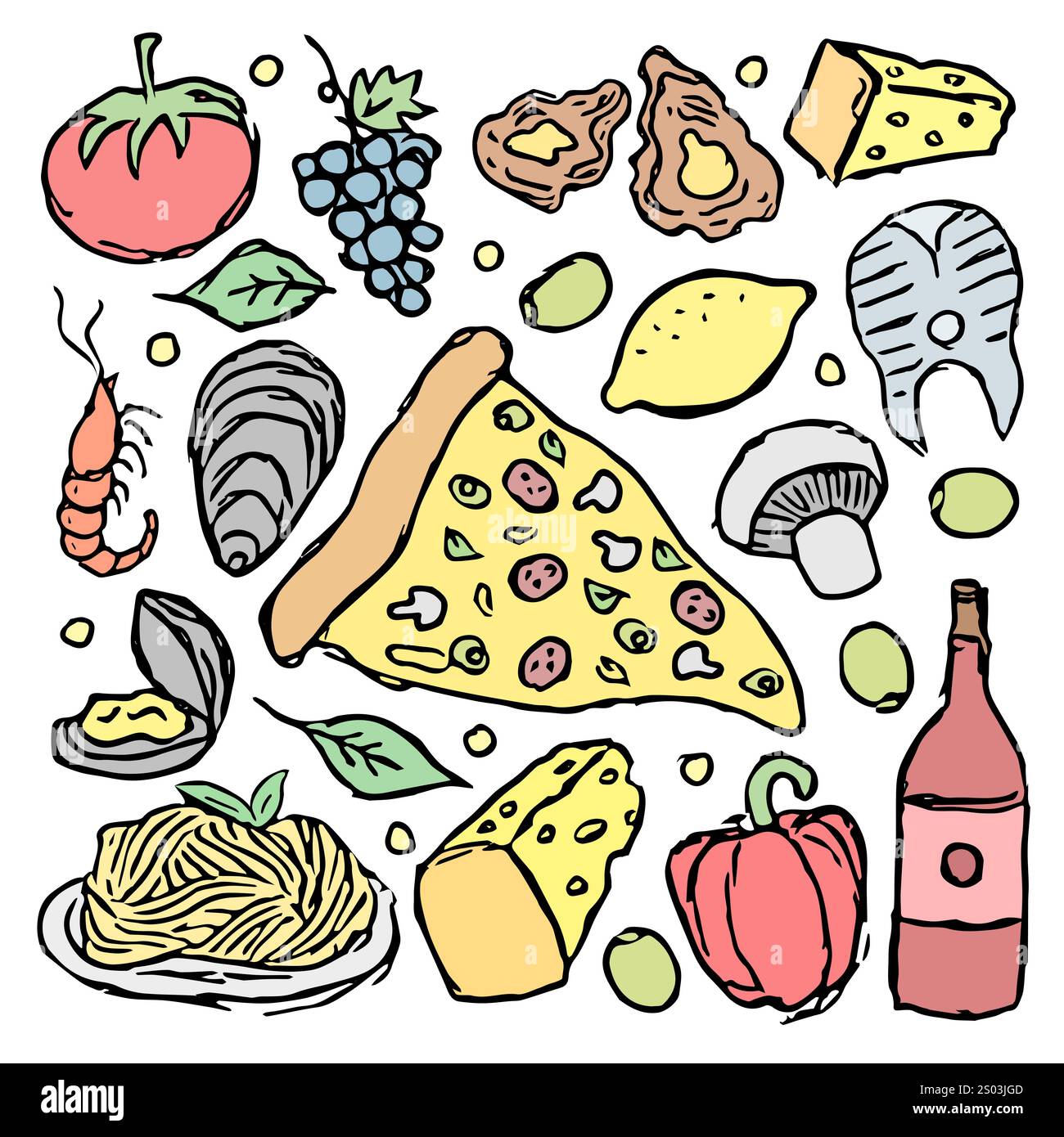 Icone del cibo italiano. Doodle Vector, cibo italiano Foto Stock