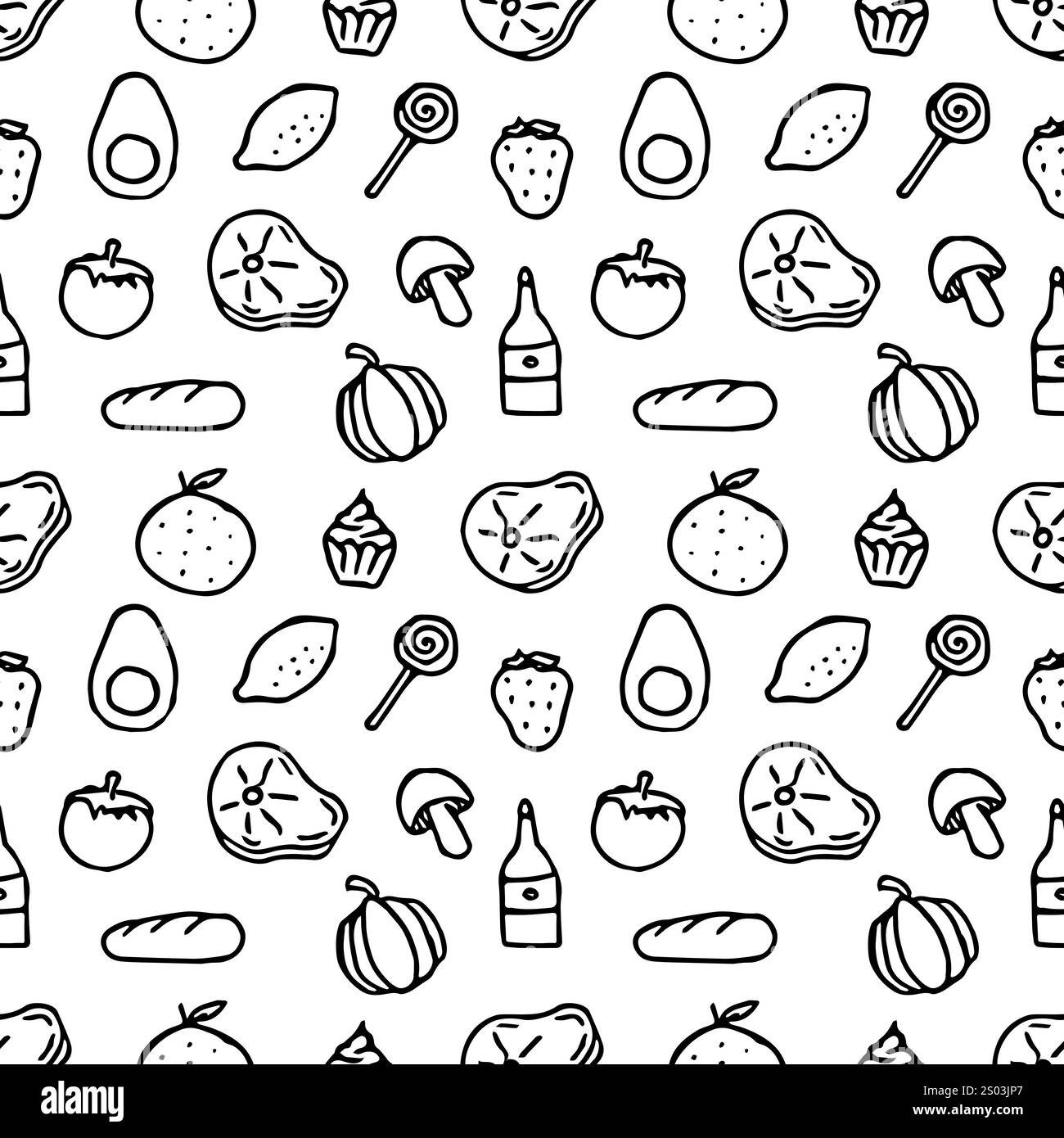 motivo senza cuciture con icone del cibo. Doodle Seamless food background Foto Stock