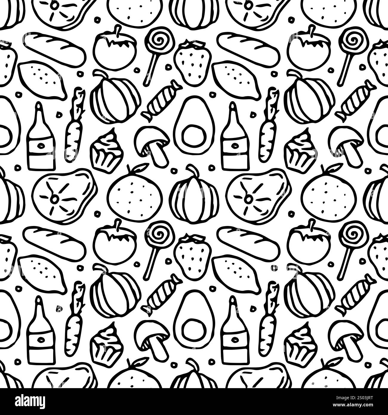 motivo senza cuciture con icone del cibo. Doodle Seamless food background Foto Stock