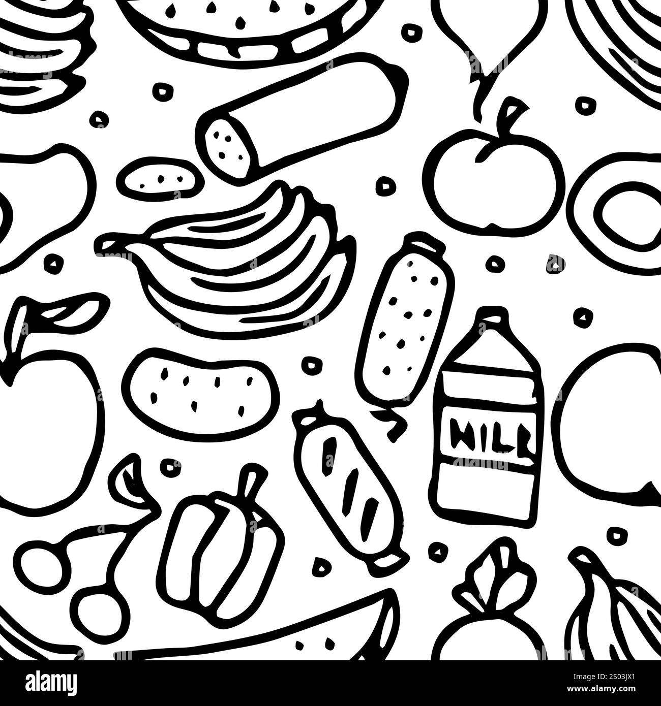 motivo senza cuciture con icone del cibo. Doodle Seamless food background Foto Stock