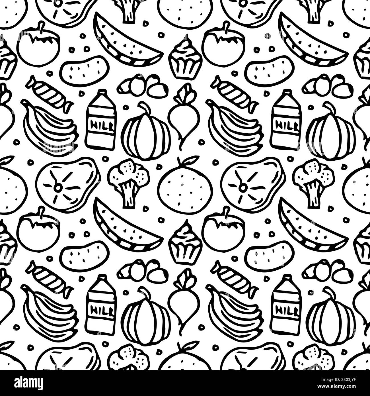 motivo senza cuciture con icone del cibo. Doodle Seamless food background Foto Stock