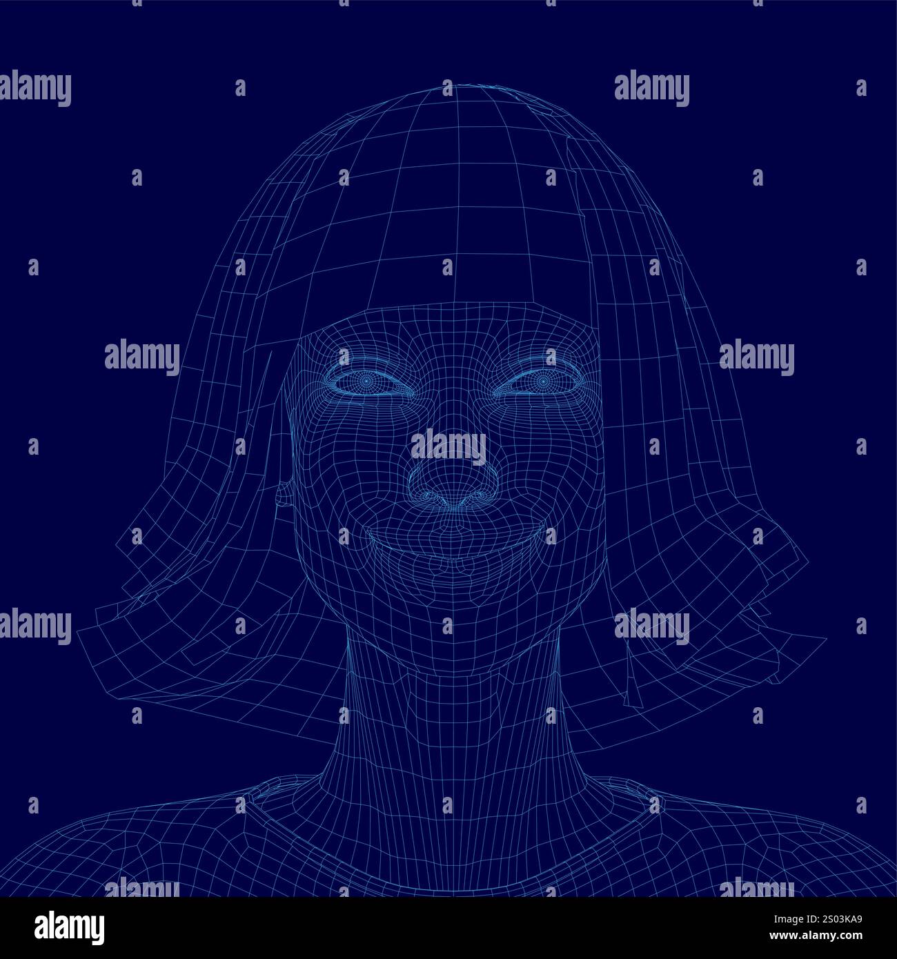 Il volto della donna è mostrato su sfondo blu. La donna ha un sorriso sul viso e i suoi capelli sono modellati in un Bob. L'immagine è una rappresentazione stilizzata Illustrazione Vettoriale