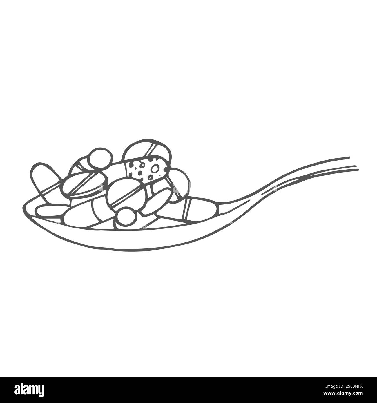 Una sola linea disegnando capsule di erbe su un cucchiaio di legno. Erboristeria in capsule di basilico dolce. Capsula di vitamina in un cucchiaio di legno. conti moderni Illustrazione Vettoriale