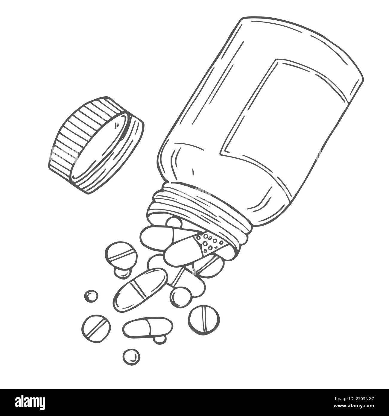 Pillole fuoriuscite dall'illustrazione del vettore del flacone. Il concetto di pila di pillole per tablet a colori. Illustrazione Vettoriale