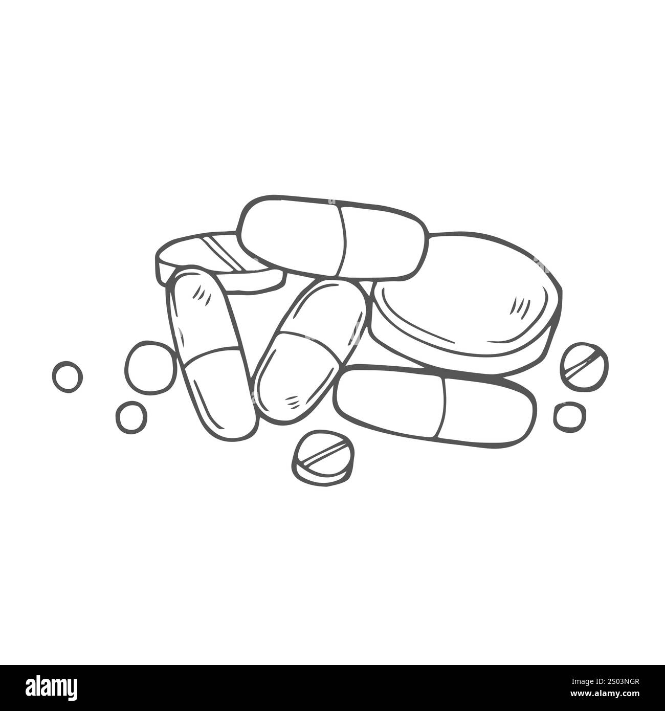 Impostare lo schizzo delle pillole. Capsule mediche. Medicinali vitamine. Illustrazione grafica disegnata a mano. Illustrazione Vettoriale