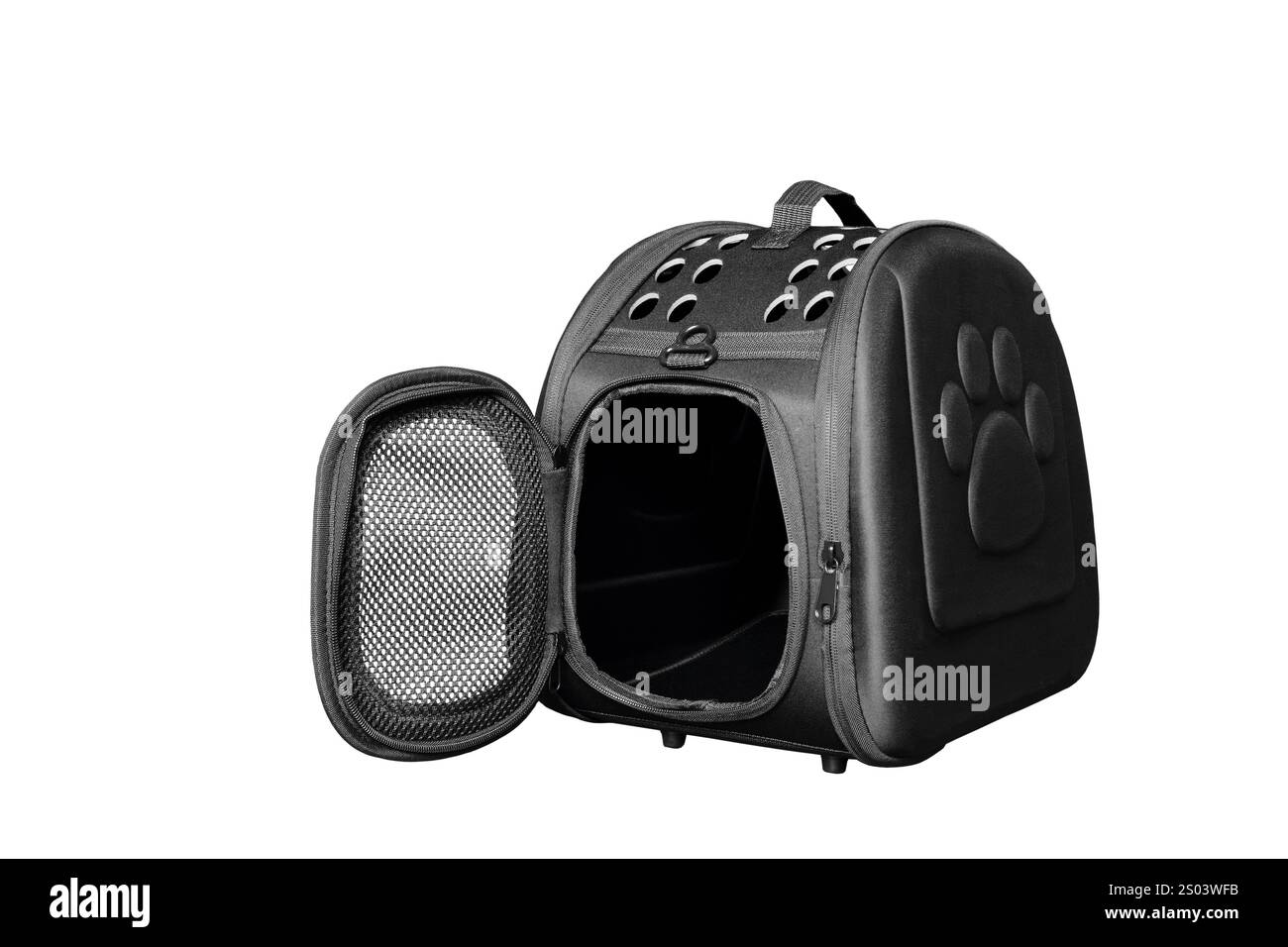 Un robusto trasportino per animali domestici con interni confortevoli e fori di ventilazione, ideale per i viaggi. È abbastanza spaziosa da permettere agli animali domestici di rilassarsi e sentirsi al sicuro durante il loro soggiorno Foto Stock