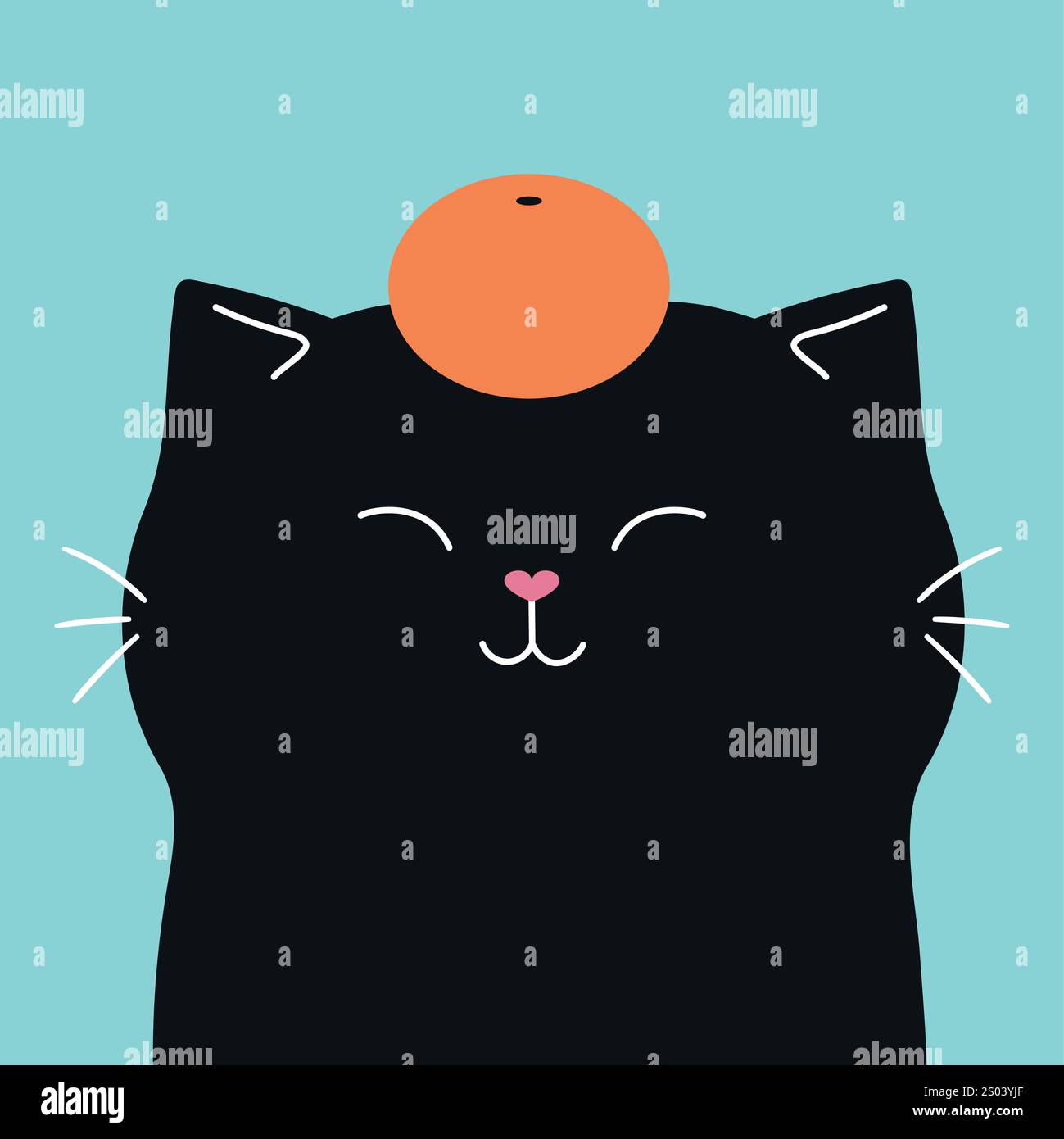 Carino gatto kawaii con un mandarino sulla testa. Illustrazione vettoriale Illustrazione Vettoriale