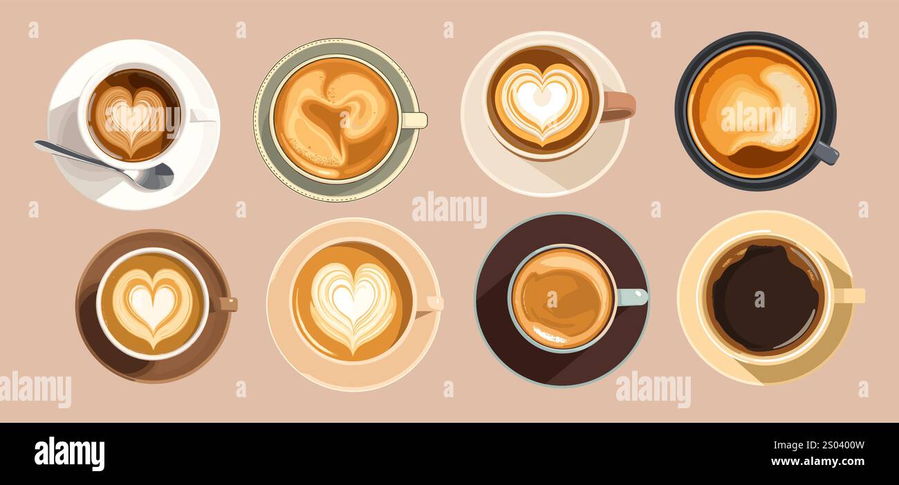 Set di diverse tazze da caffè con vista dall'alto. Illustrazione Vettoriale