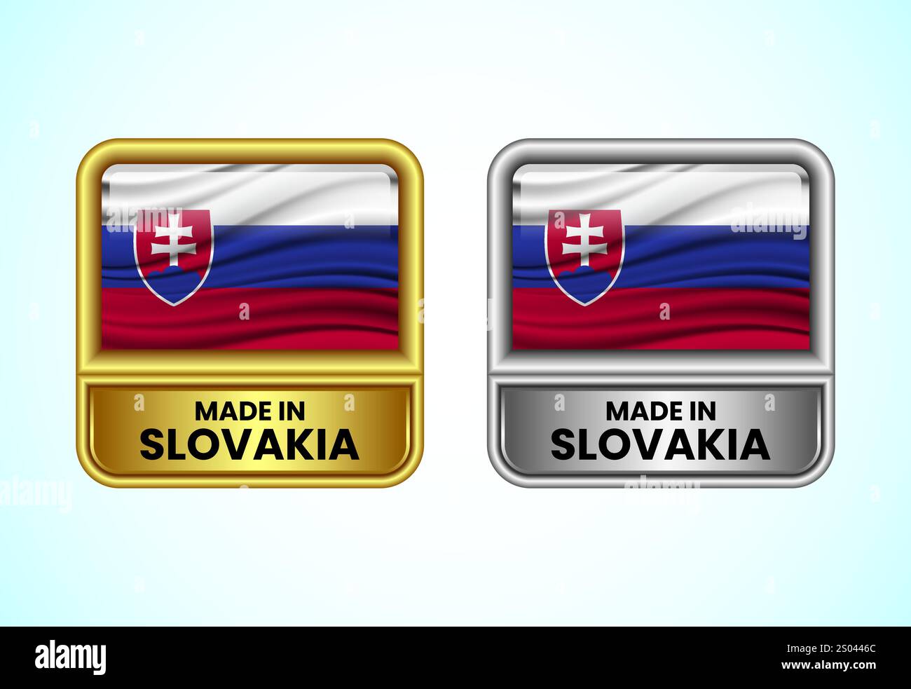 Icona dell'etichetta Made in Slovakia nei colori oro e argento. Icona flag impostata per l'azienda Illustrazione Vettoriale