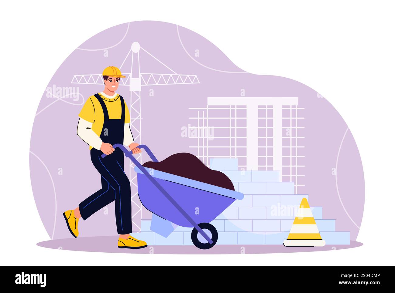 Costruttore con carrello. Uomo vicino al muro di mattoni. Muratore nel cantiere. Architettura, ingegneria e costruzione, ricostruzione. Tuttofare e. Illustrazione Vettoriale