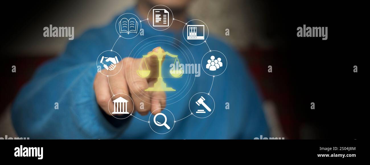 Concetto di etica aziendale. Etica DELL'INTELLIGENZA ARTIFICIALE o concetto di legge dell'INTELLIGENZA artificiale. Sviluppo di codici etici ai. Conformità, normative, standard, policy aziendali e responsabilità Foto Stock