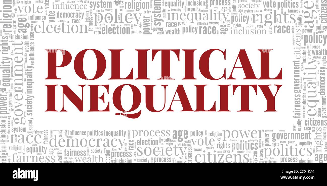 Design concettuale di nuvole di parole con disuguaglianza politica isolato su sfondo bianco. Illustrazione Vettoriale