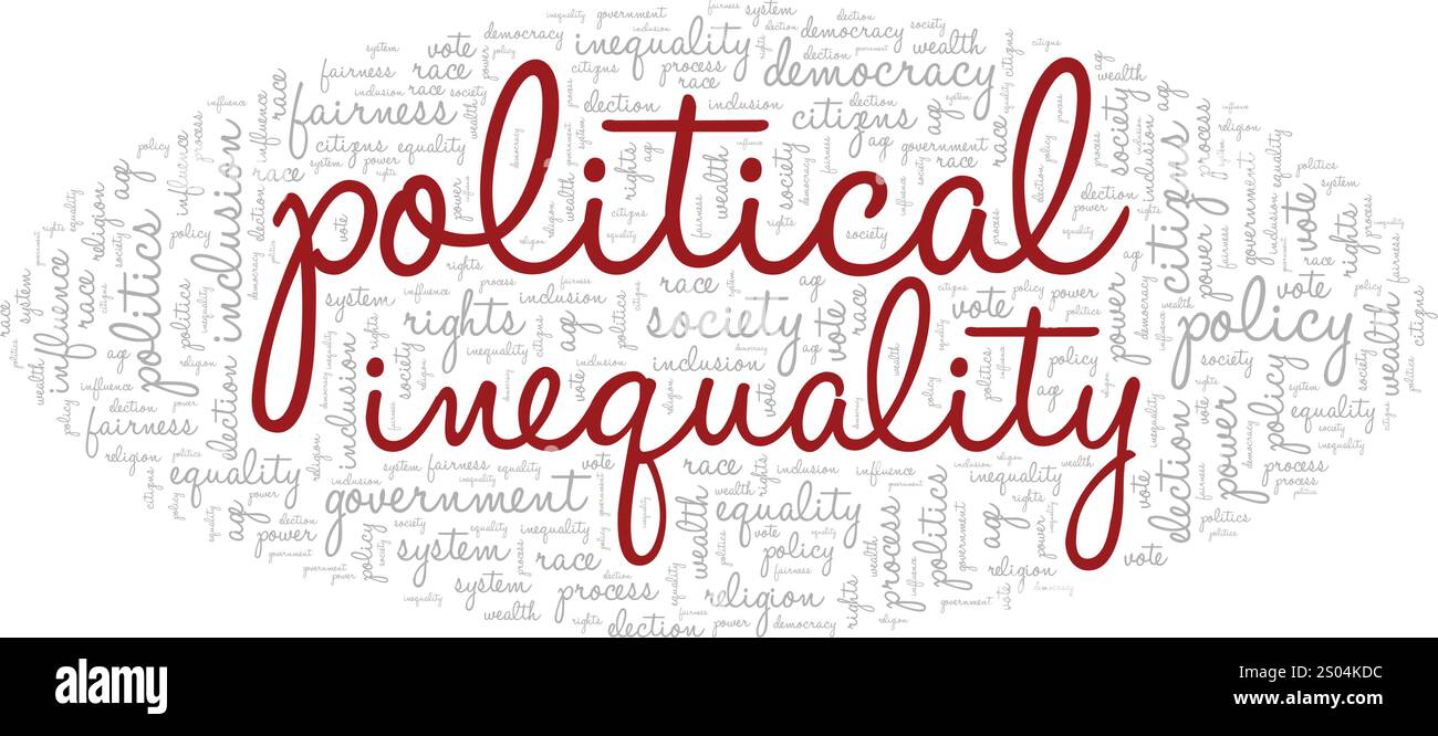Design concettuale di nuvole di parole con disuguaglianza politica isolato su sfondo bianco. Illustrazione Vettoriale