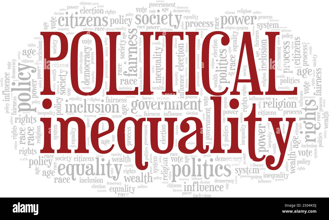 Design concettuale di nuvole di parole con disuguaglianza politica isolato su sfondo bianco. Illustrazione Vettoriale