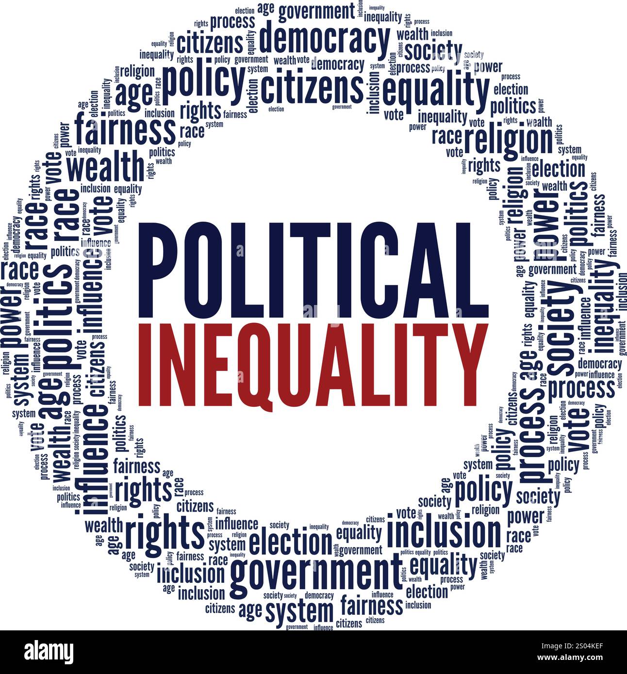 Design concettuale di nuvole di parole con disuguaglianza politica isolato su sfondo bianco. Illustrazione Vettoriale