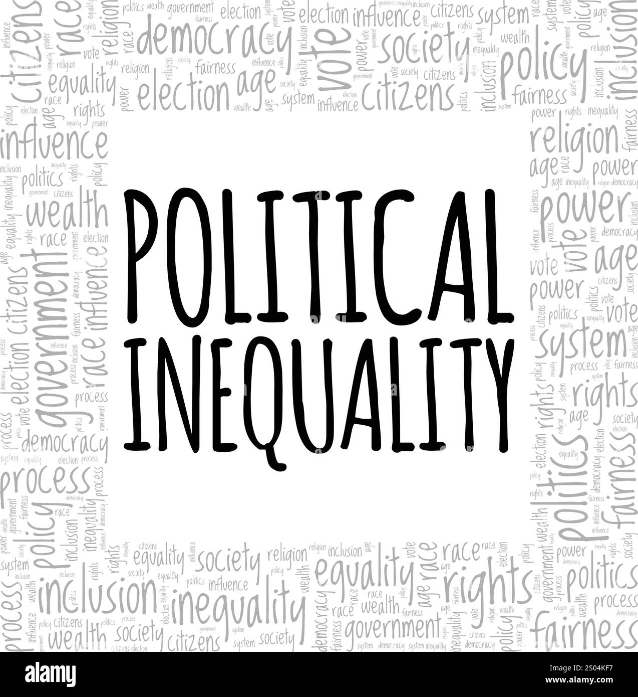 Design concettuale di nuvole di parole con disuguaglianza politica isolato su sfondo bianco. Illustrazione Vettoriale