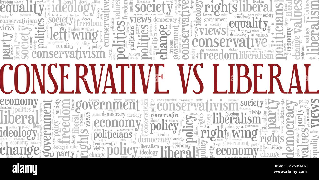Design concettuale di nuvole di parole conservatore e liberale isolato su sfondo bianco. Illustrazione Vettoriale