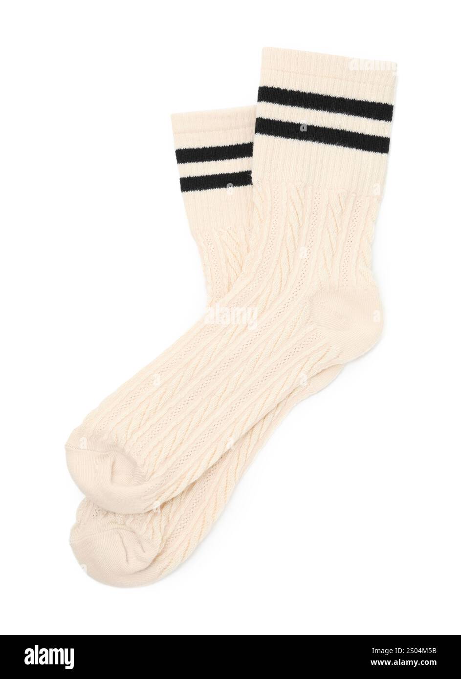 Coppia di calze morbide isolate sul bianco, vista dall'alto Foto Stock