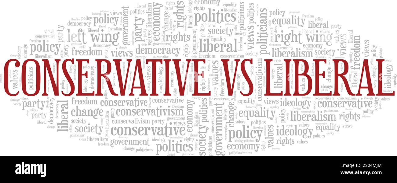 Design concettuale di nuvole di parole conservatore e liberale isolato su sfondo bianco. Illustrazione Vettoriale