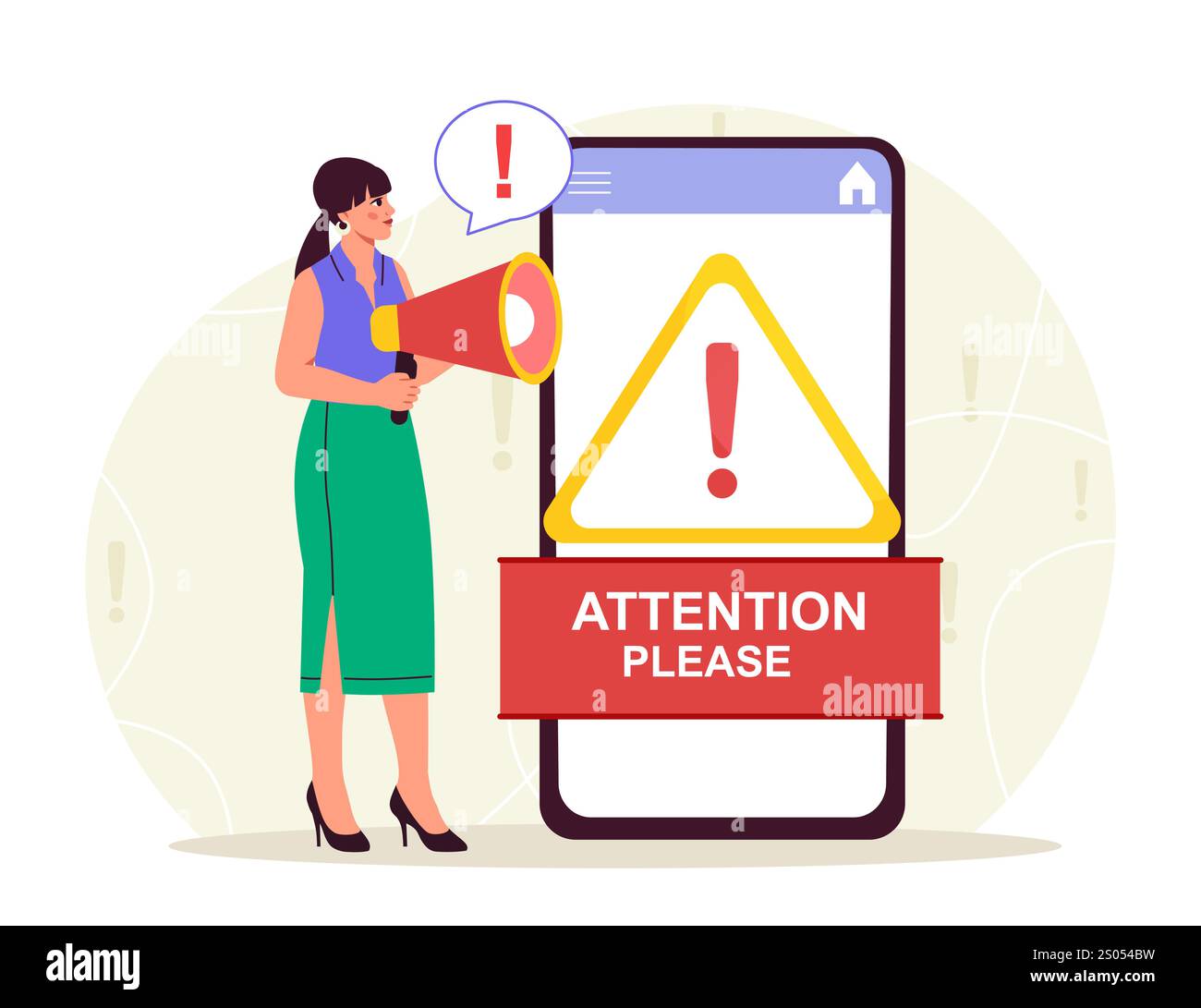 Prestare attenzione al concetto. Donna con altoparlante vicino a uno smartphone enorme. Avviso e annuncio. Notifica dalle applicazioni mobili. Concentratevi e. Illustrazione Vettoriale