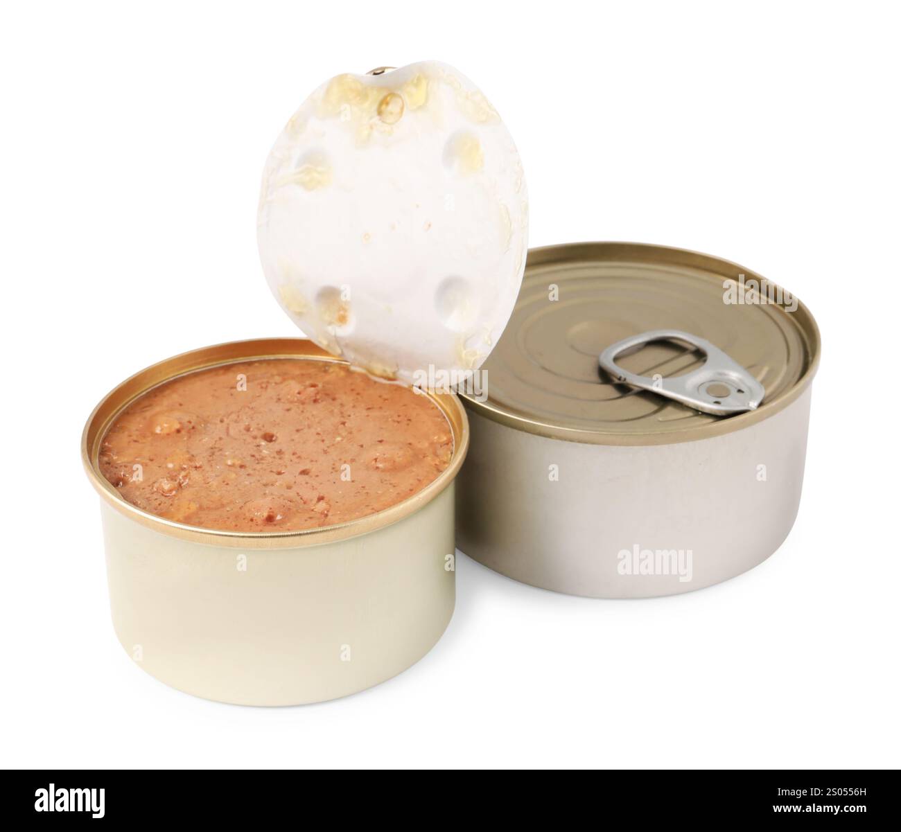Bagnare gli alimenti per animali domestici in lattine di latta isolate su bianco Foto Stock