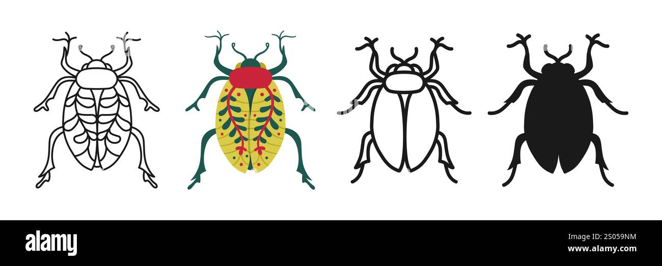 Set cartoni animati simbolo scarabeo. Icona lineare bug astratto. Collezione di emblemi disegnati a mano con insetti di arte popolare stilizzata. Firma semplici scarabocchi o silhouette divertente clipart di insetti. Illustrazione isolata vettoriale Illustrazione Vettoriale