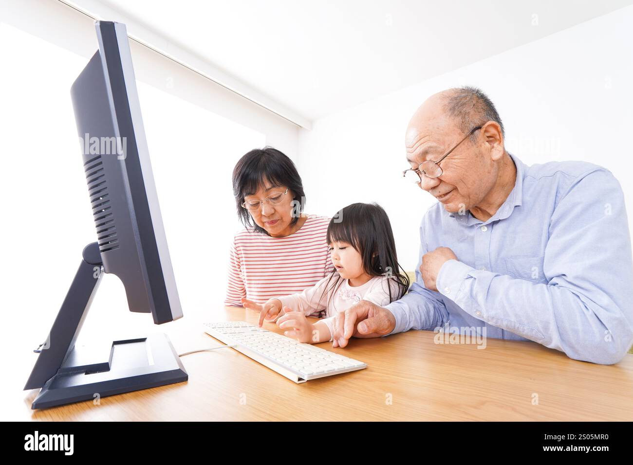 Nonni e figli che usano un computer Foto Stock