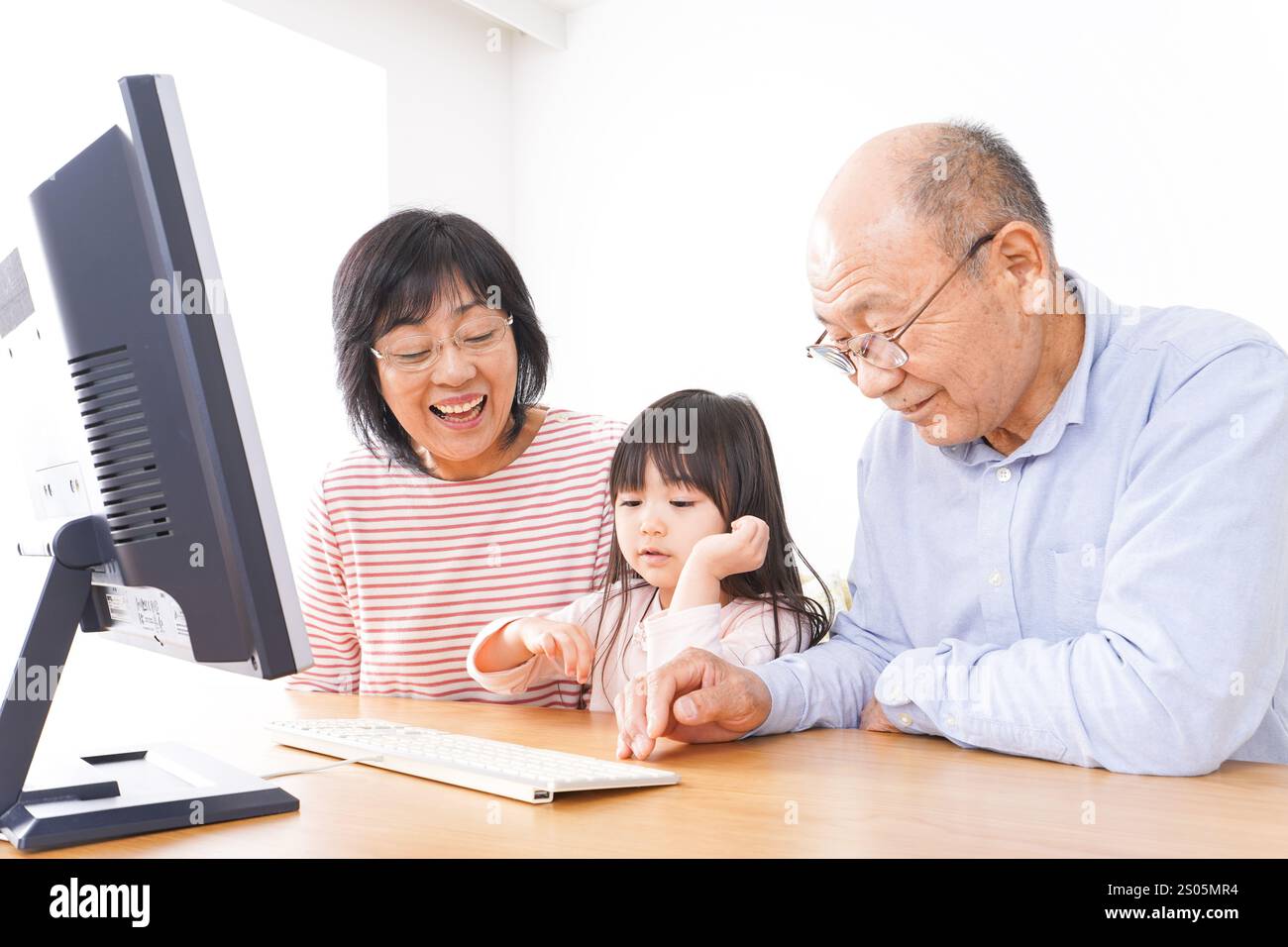 Nonni e figli che usano un computer Foto Stock