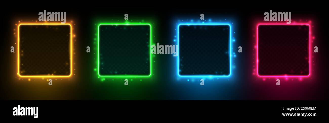 Set di cornici al neon quadrate brillanti con luci futuristiche isolate su sfondo nero. Illustrazione vettoriale 3D. Illustrazione Vettoriale