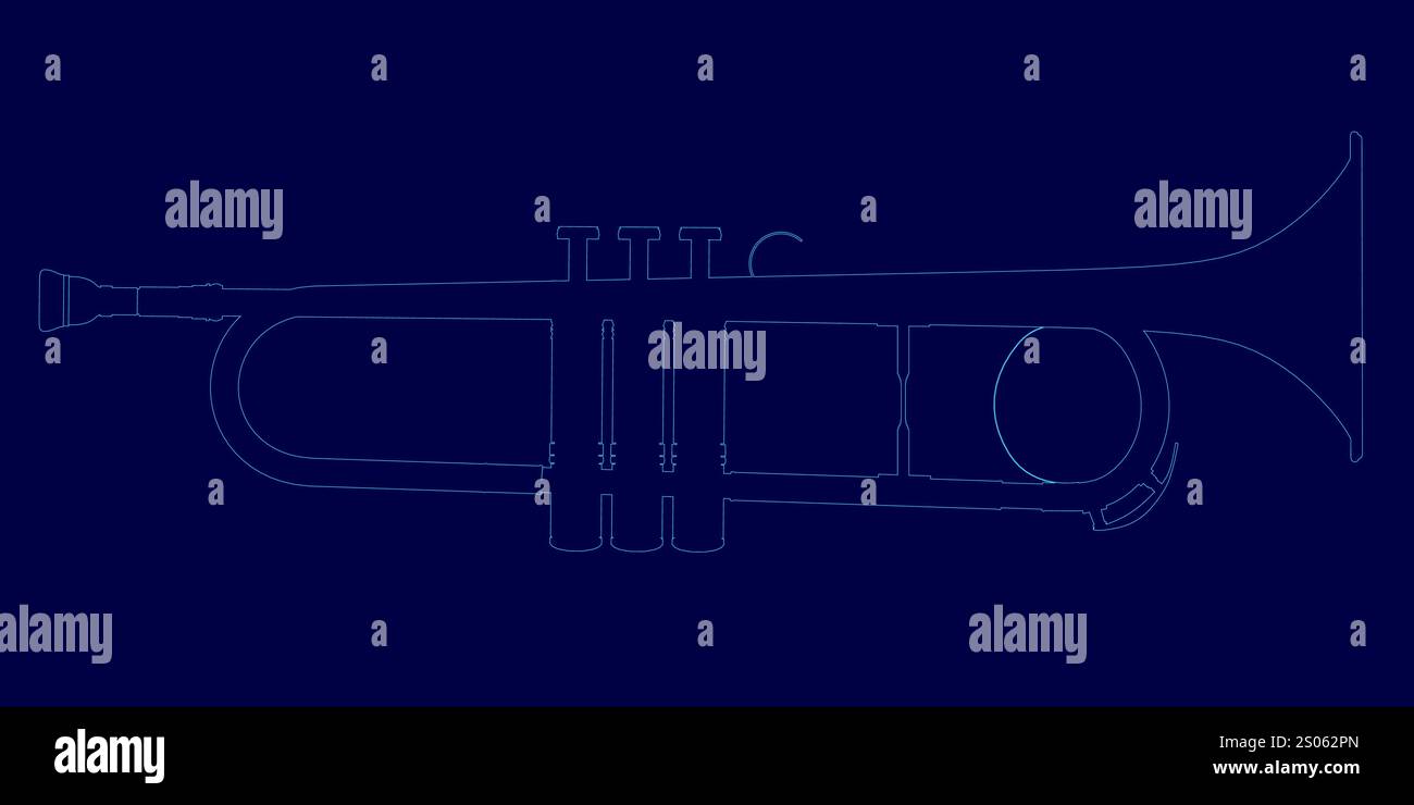 Immagine blu di una tromba con sfondo nero. La tromba si trova al centro dell'immagine ed è circondata da una serie di linee. Le linee sono arran Illustrazione Vettoriale
