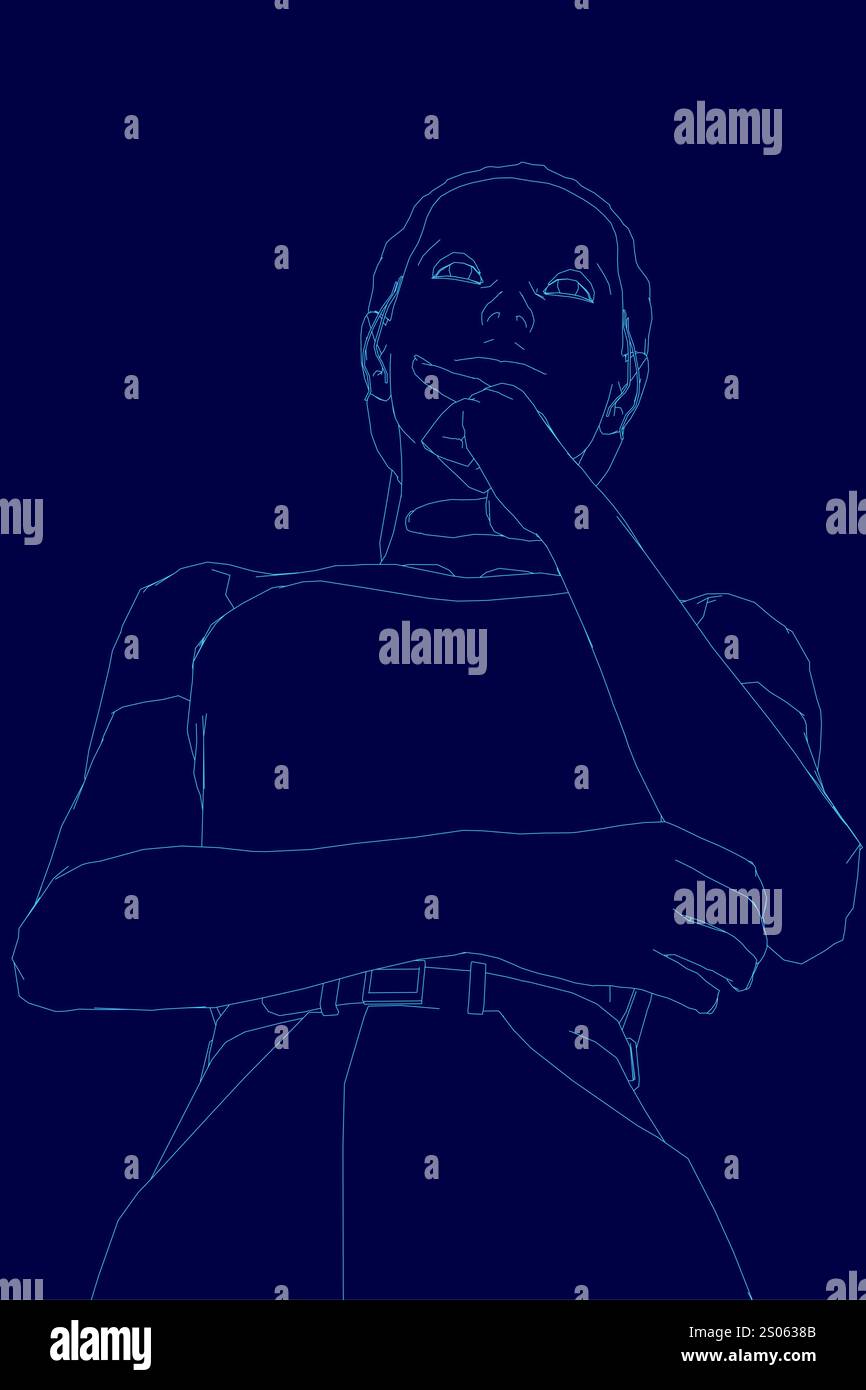La donna viene mostrata su sfondo blu con la bocca chiusa. L'immagine è la silhouette di una donna con un libro in mano. La scena è calma e disprezzati Illustrazione Vettoriale