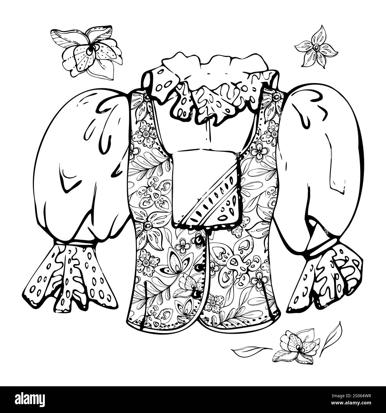 Abito tradizionale gilet in pizzo con maniche di pizzo di Tirolo Alpi, moda femminile sudamericana, ricami floreali. Vettore di inchiostro disegnato a mano isolato Illustrazione Vettoriale