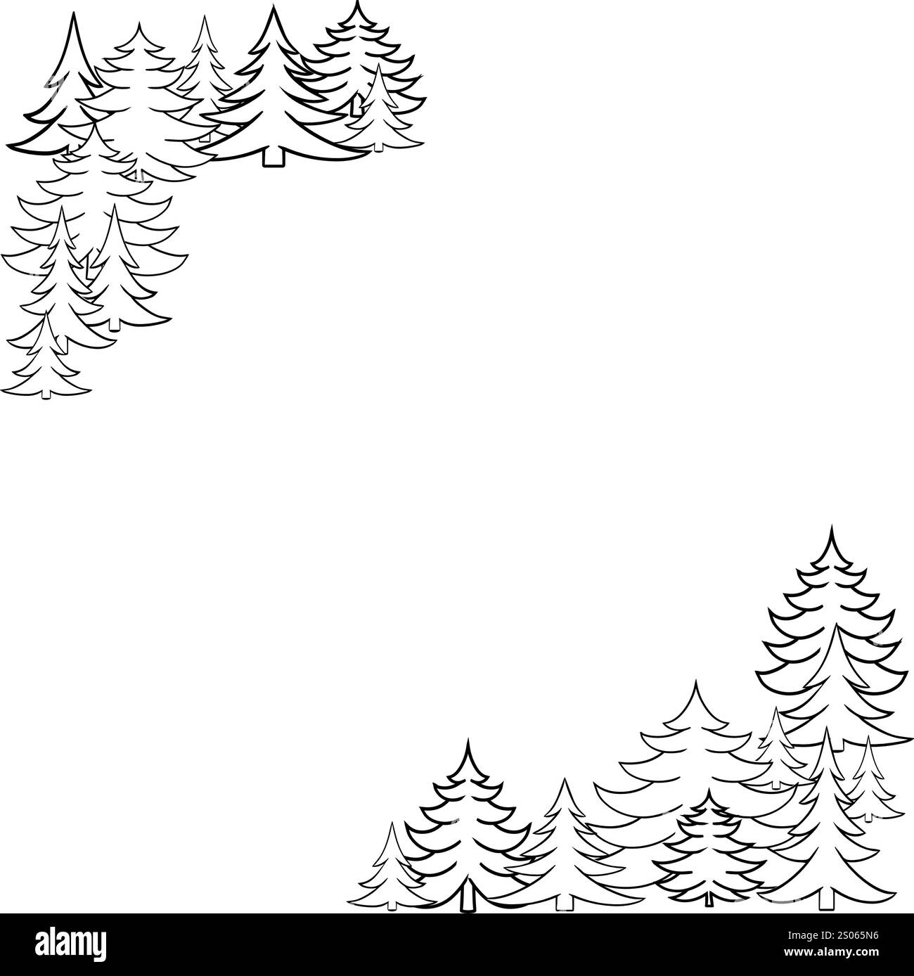 Albero di Natale albero di pino decorazione foresta. Telaio angolare quadrato. Modello di linea grafica vettoriale stagione invernale . Sfondo trasparente Illustrazione Vettoriale