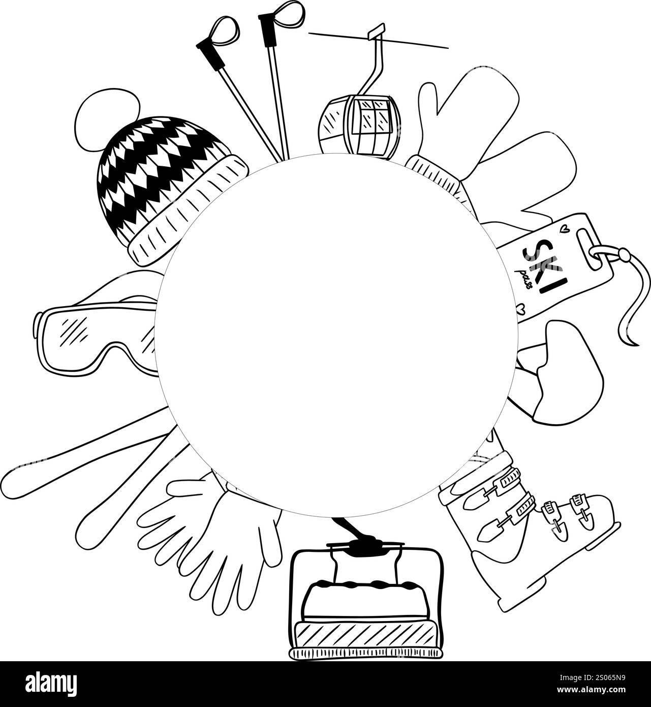 modello per illustrazione con logo vettoriale per lo sci, cerchio, icona del telaio rotondo, design della linea grafica. occhiale da sci simbolo del bastone da sci o cartello per lo sport invernale o Illustrazione Vettoriale