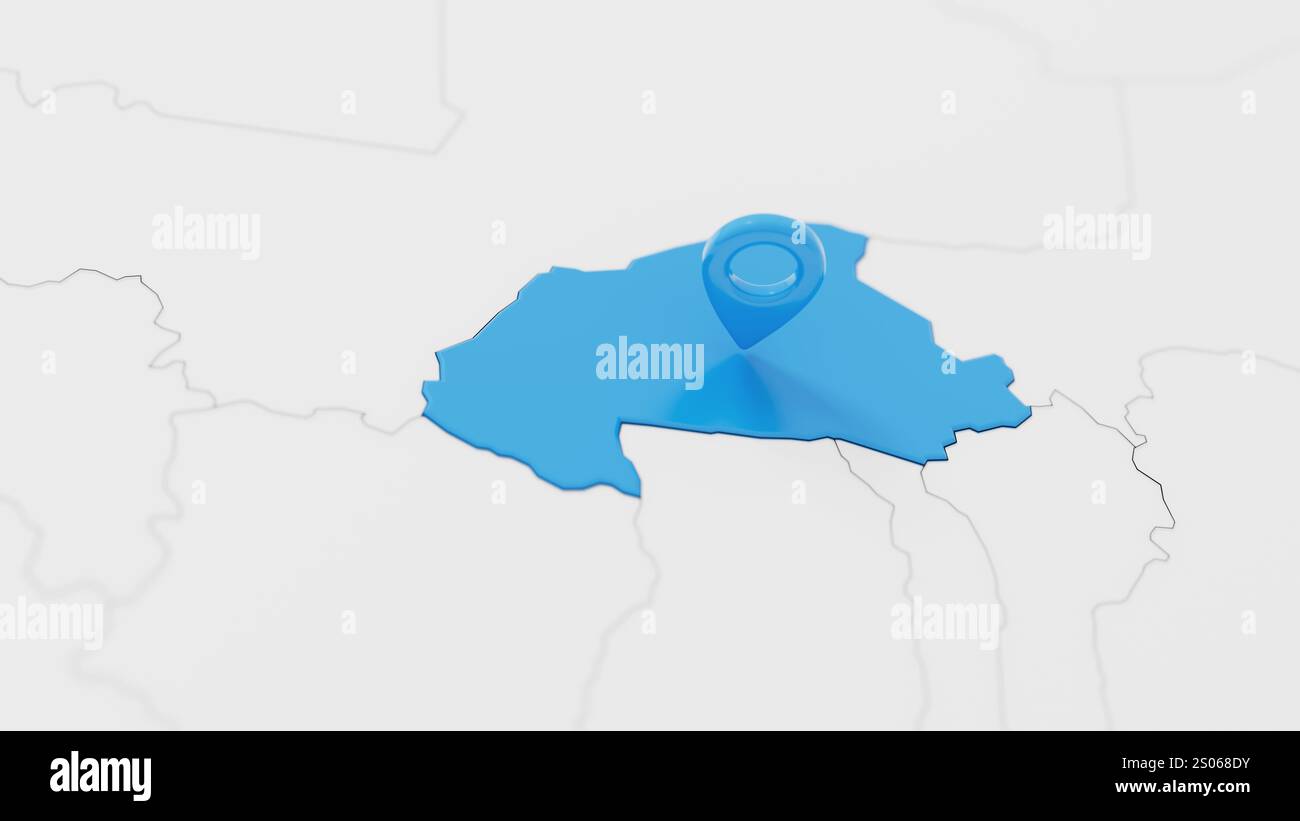 Mappa 3d Burkina blu con puntino circondato da altri paesi in bianco. Europa carta politica con confini. illustrazione di rendering 3d. Foto Stock
