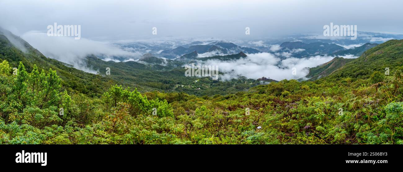 La nebbia e le nuvole si avvolgono sulla lussureggiante foresta atlantica. Stato di Rio de Janeiro, Brasile. Foto Stock
