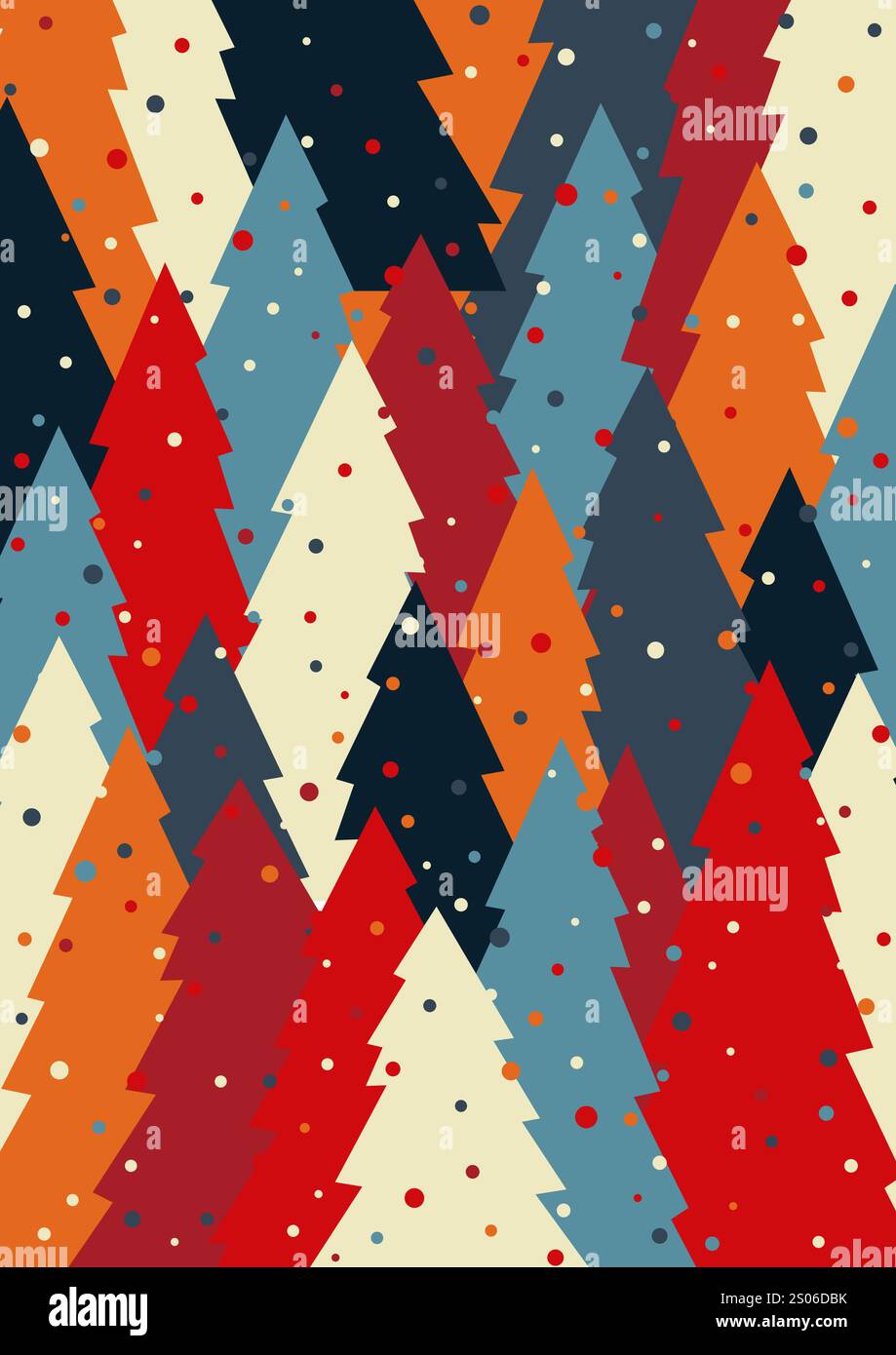 Modello di biglietto d'auguri natalizio con illustrazione dell'albero di Natale. Sfondo natalizio in stile scandinavo Illustrazione Vettoriale
