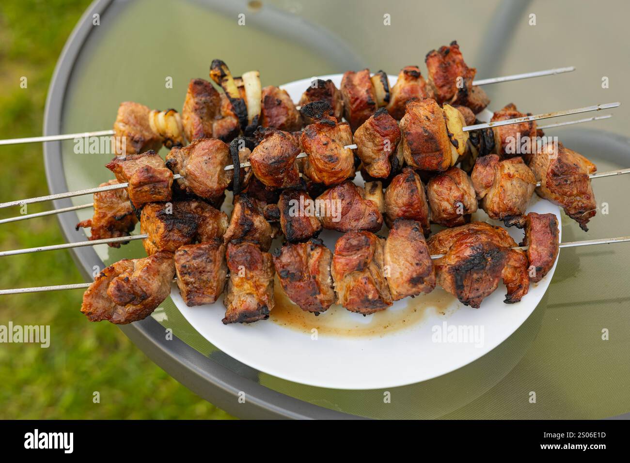 Spiedini alla griglia di carne marinata cotti alla perfezione serviti su un piatto bianco all'aperto. Picnic estivo, feste in giardino o grigliate all'aperto Foto Stock
