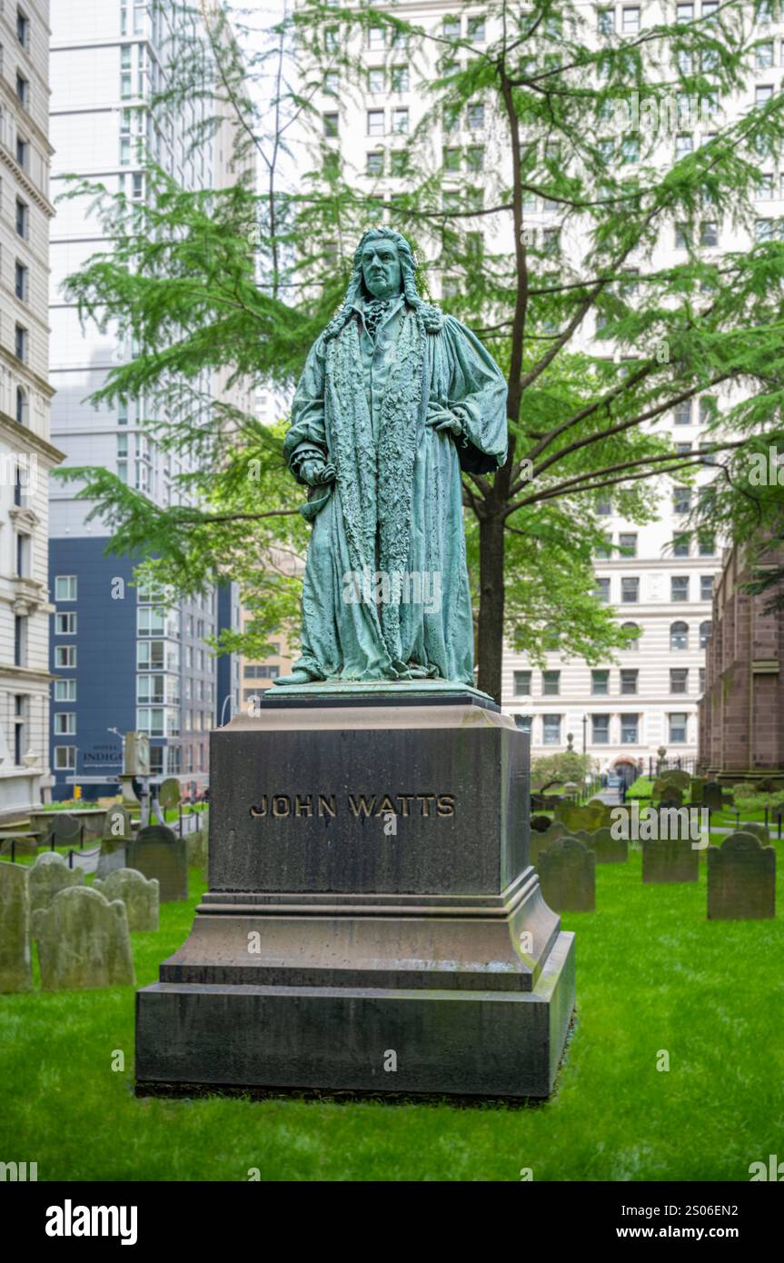 Statua di John Watts a New York, Trinity Church, Wall Street Foto Stock