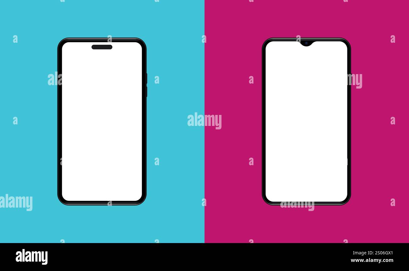 Dispositivi realistici per il mockup di smartphone su sfondo colorato. Schermata vuota e vuota. Sfondi dai colori creativi. Vettore Illustrazione Vettoriale