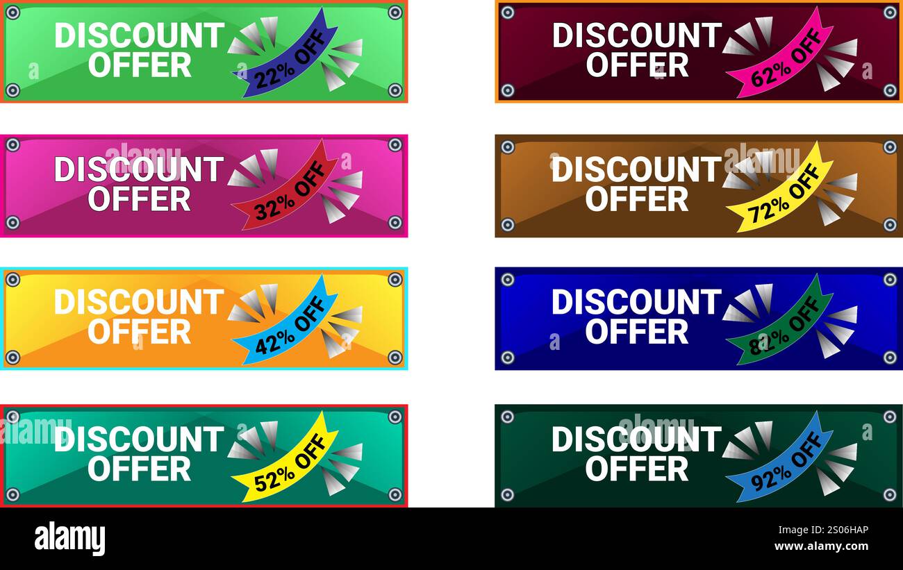 Set di otto striscioni rettangolari in vendita con 22 32 42 52 62 72 82 e 92% di sconto con colori diversi Illustrazione Vettoriale
