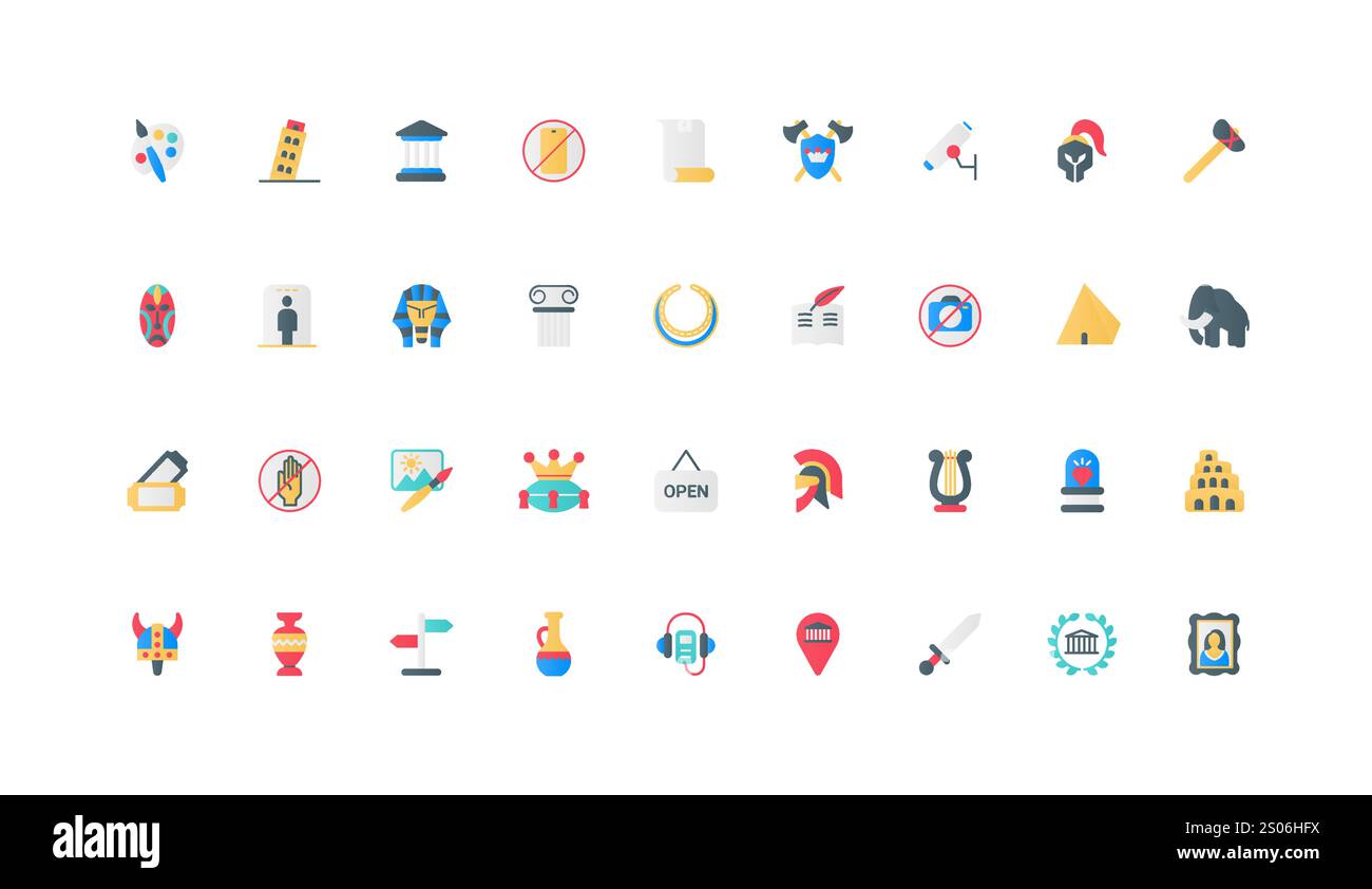 Museo, mostre di gallerie d'arte, storia antica, patrimonio culturale e archeologia, set di icone a colori. Audioguida, opere d'arte e pittura, informazioni per l'illustrazione vettoriale degli elementi piatti dell'escursione Illustrazione Vettoriale