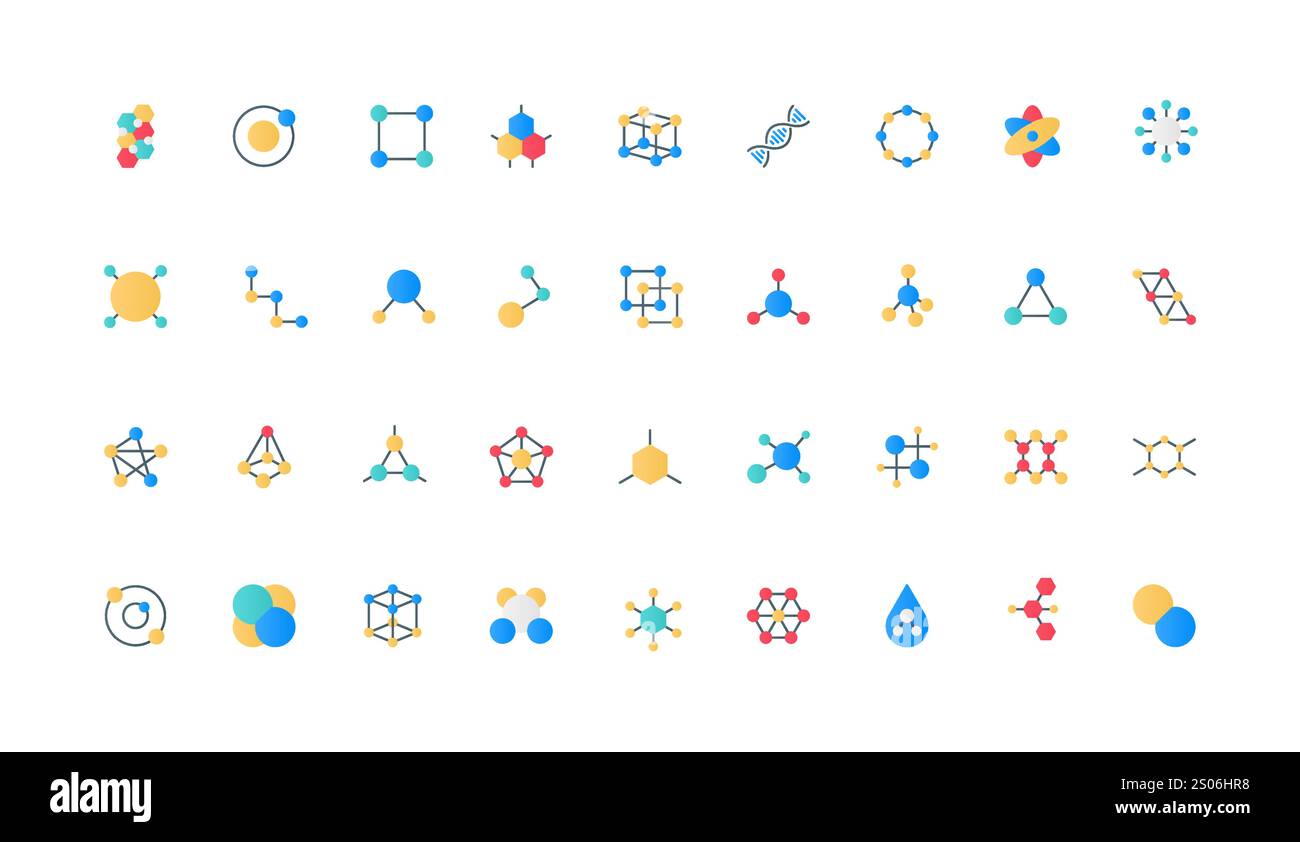 Struttura molecolare, modello di atomo e formula chimica nella serie di icone a colori di fisica e chimica. Illustrazione vettoriale di DNA e molecola proteica, rete di particelle e composto di elementi piatti di ioni Illustrazione Vettoriale