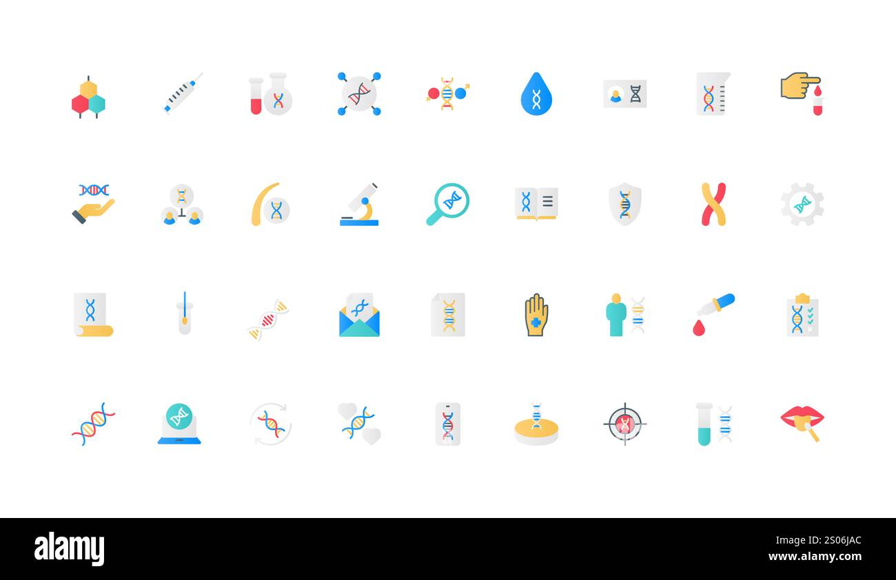 Ricerca genetica e biotecnologia, struttura molecolare dell'elica del DNA e set di icone di colore del modello genico. Test della saliva umana e del sangue, paternità, ascendenza, sequenza di acidi nucleici, illustrazione vettoriale degli elementi piatti Illustrazione Vettoriale