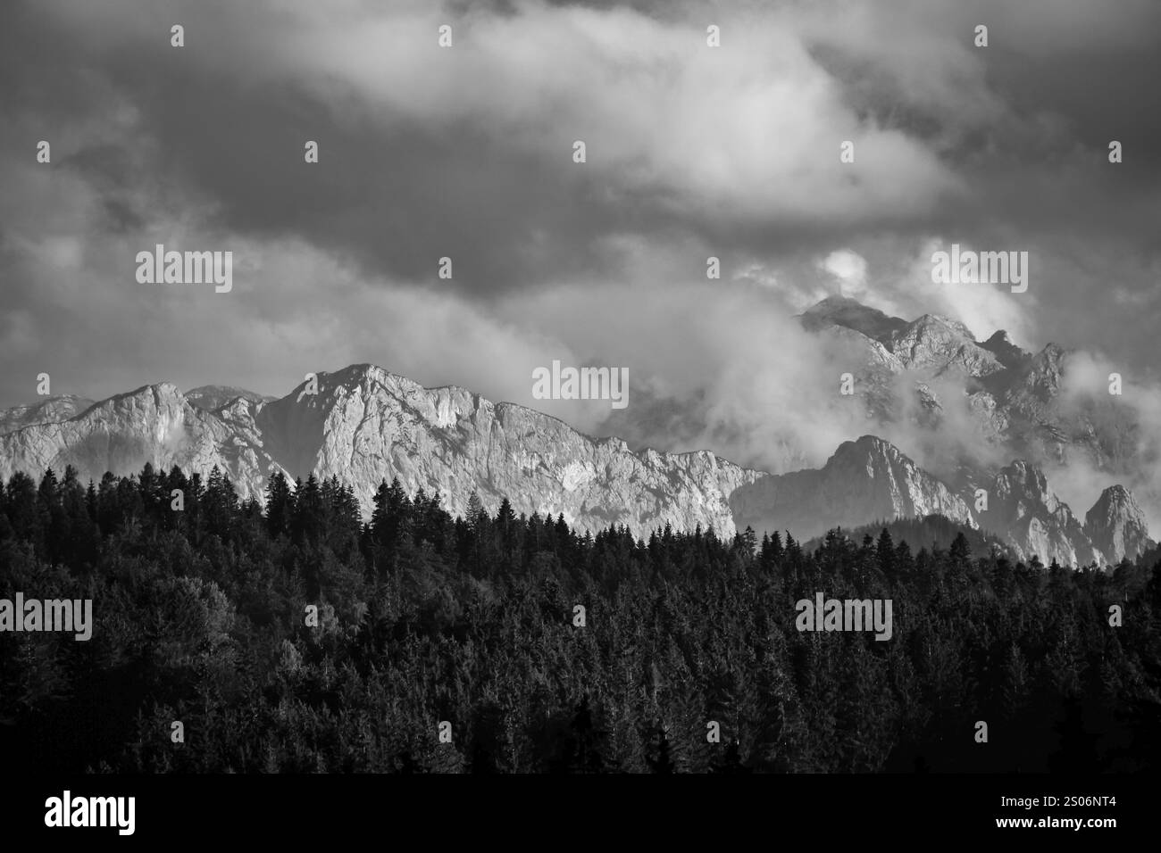 Vista dal Chiemgau alle cime dell'Alpe dei cavalieri, sulla sinistra Weitschartenkopf, sulla destra Haeuselhorn, di fronte ai tre fratelli, neri Foto Stock